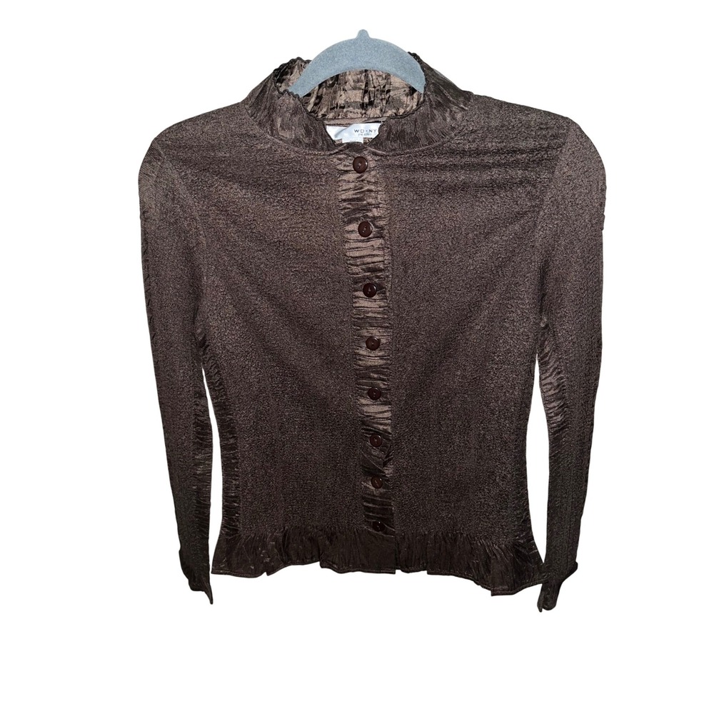 WDNY Brown Crinkled Ruffle Cardigan Y2k Long Sleeve Button Up Women's Petite